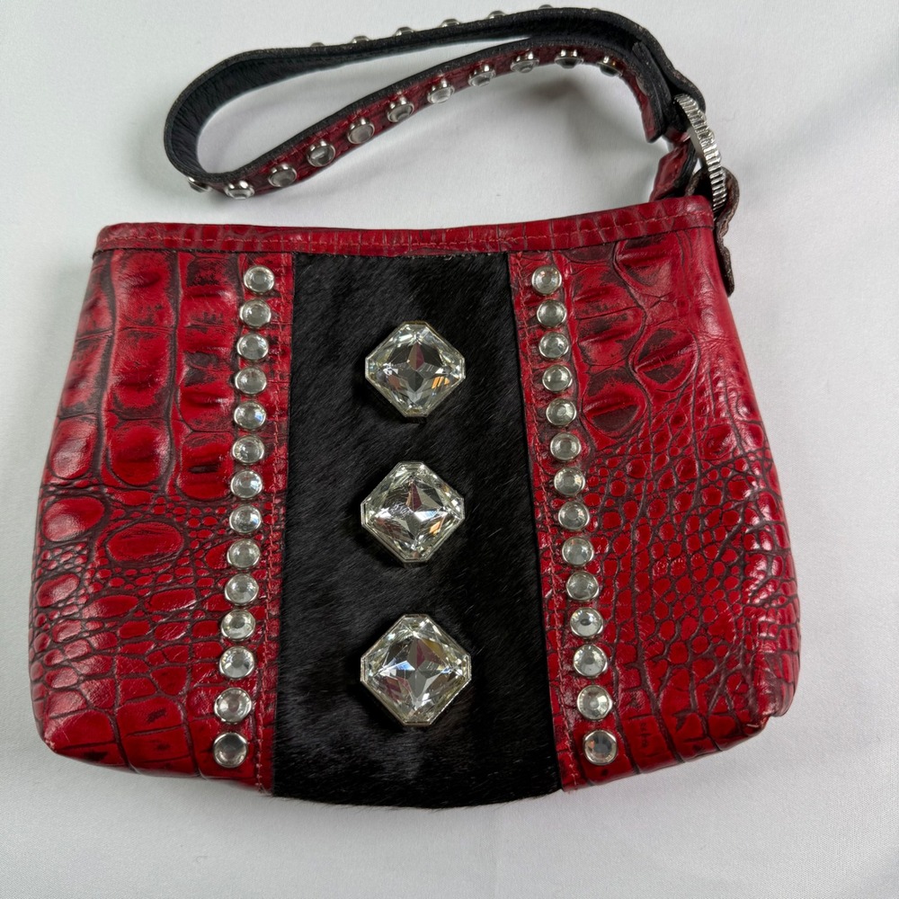 Raviani Red Croc Leather Pony Hair Crystal Studded Shoulder Bag Western Boho